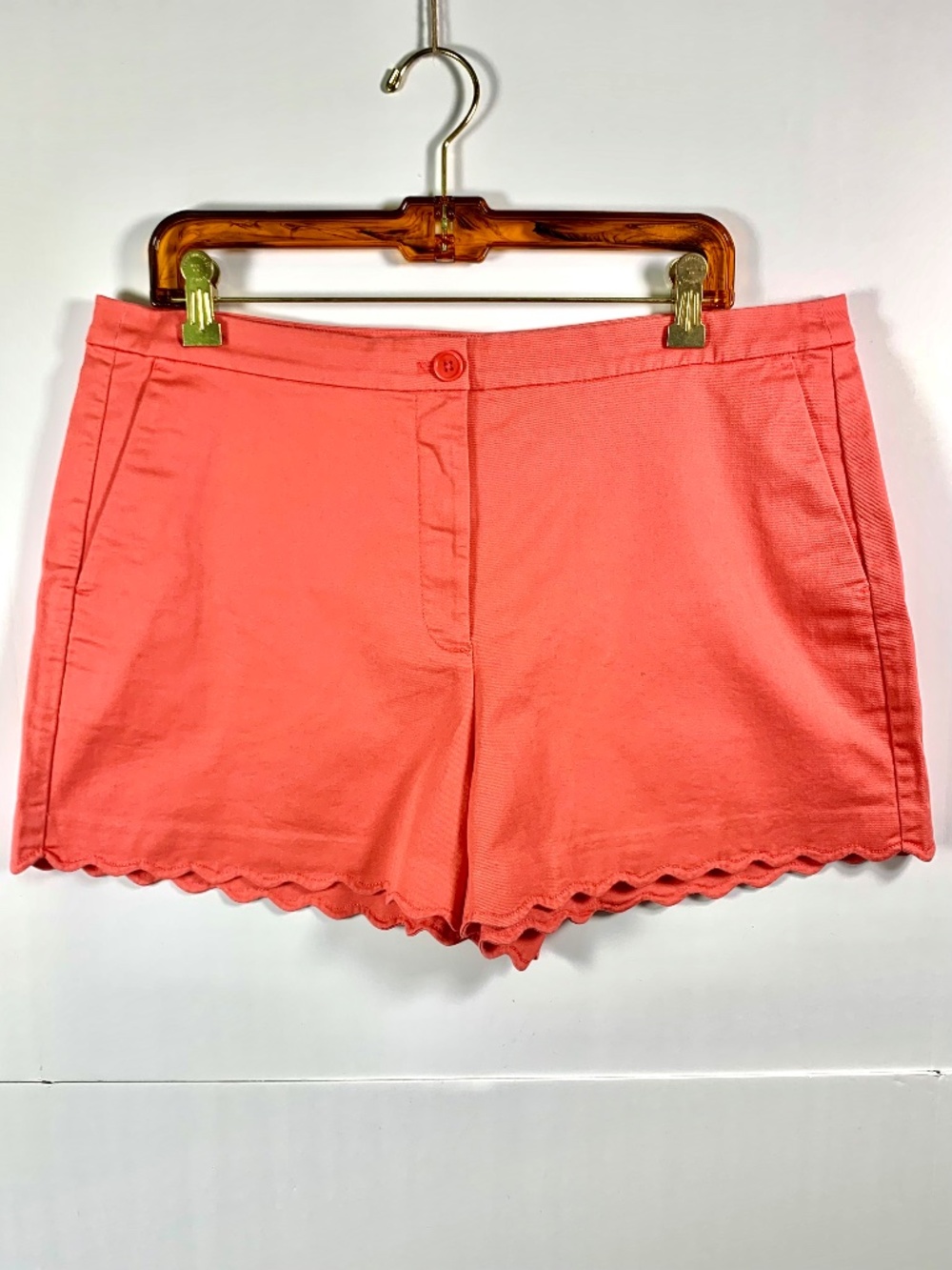 J. Crew casual coral pink shorts scallop hem button zipper closure coastal chic